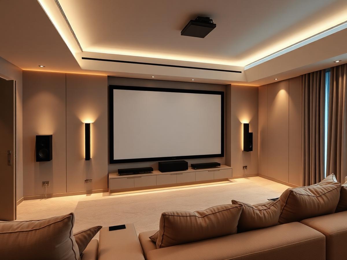 Home media room with concealed wiring, architectural speakers and warm dimmed lighting
